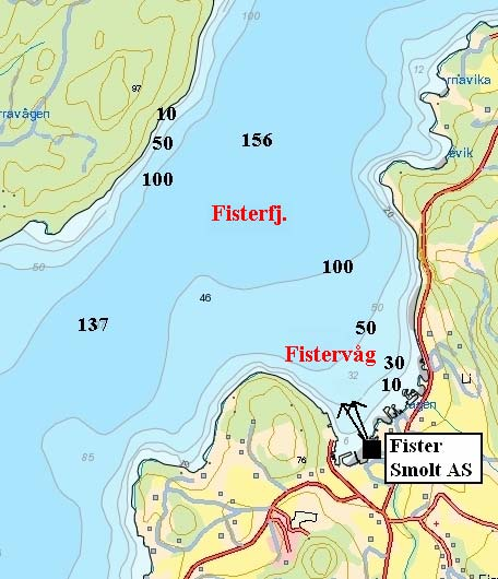 Figur 15. Enkelt dybdekart over indre deler av Fisterfjorden med angitt sted for anlegget (svart firkant) og utslipp og med angitte dybder. (fra http://kart.fiskeridir.no /adaptive/).