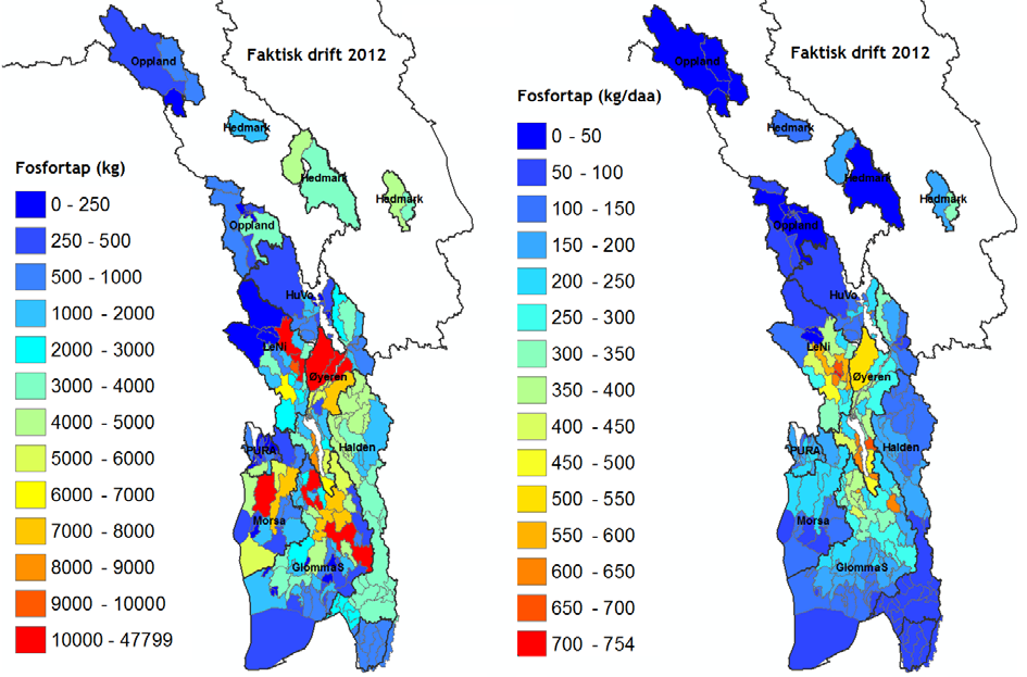 Figur 44. Kart over fosfortap per delnedbørfelt, beregnet med Agricat, for faktisk drift i 2012. Totale tap i kg (til venstre) og per arealenhet (til høyre). 2.3.2.2 Jord- og fosfortap fra jordbruksarealene scenarier Som beskrevet i avsnitt 2.