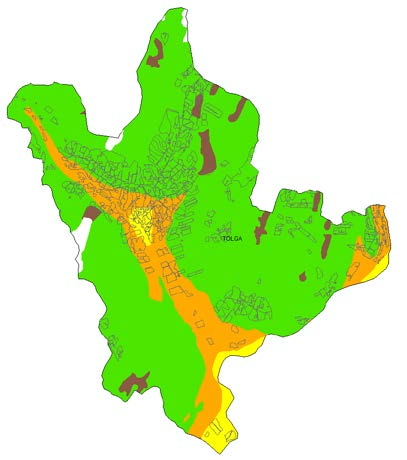 Figur 51. Kart over arealbruk (Arealressurskart AR5, midten) og løsmasser (NGU løsmassekart, høyre) for Vingelen i Tolga.