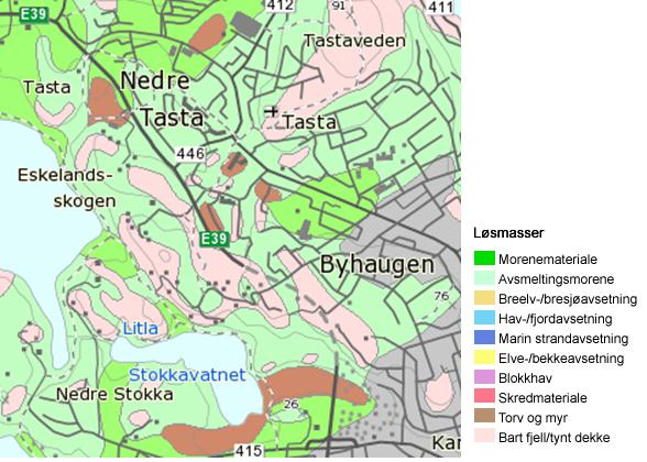 Figur 2 Løsmassekart [4] over prosjektområdet, angitt omtrentlig med rød sirkel 2.3 BERGARTSBESKRIVELSE Berggrunnen skjæringene skal etableres i består i sin helhet av fyllitt/glimmerskifer.