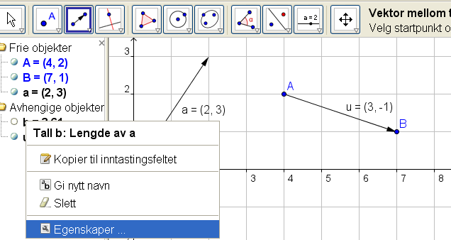 Lengden av vektorer med GeoGebra Du skal finne lengden av vektorene a 2,3 og u 3, 1 Skriv lengde[a] i Inntastingsfeltet og