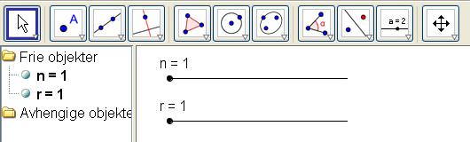 Skriv r = 1 i Inntastingfeltet og trykk Enter. Klikk i rundingen foran r i Algebrafeltet.