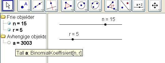 1 Klikk på F-pila og flytt punktene på gliderne slik at n = 15 og r = 5. Da får du bildet nedenfor.