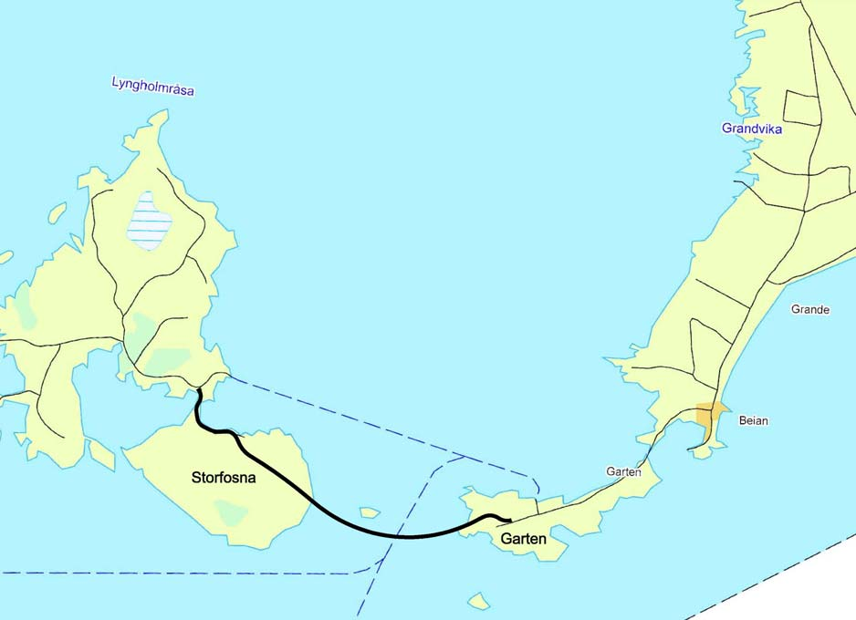 Utredningsalternativene Alternativ 1 og alternativ 2 er identiske for veitilknytning på Storfosna og tunneltrasé, men har ulik veitilknytning/ veitrasé på Garten.