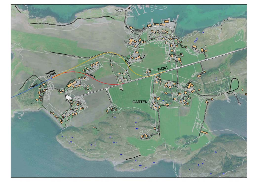 Figur 4-6 viser tunneltverrsnitt for tunneltype T 5.5. Garten På Garten går veitraseen gjennom områder med dyrket mark og i umiddelbar nærhet til bebyggelse.