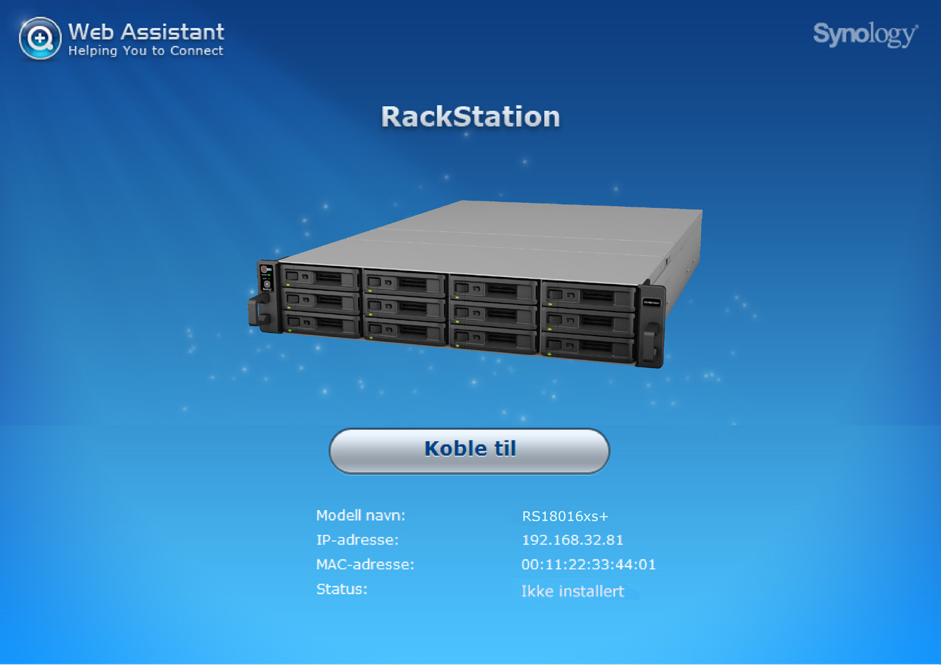 Kapittel Installer DSM på RackStation 3 Når oppsettet av maskinvaren er fullført, installerer du DiskStation Manager (DSM) Synologys nettleserbaserte operativsystem på din RackStation.