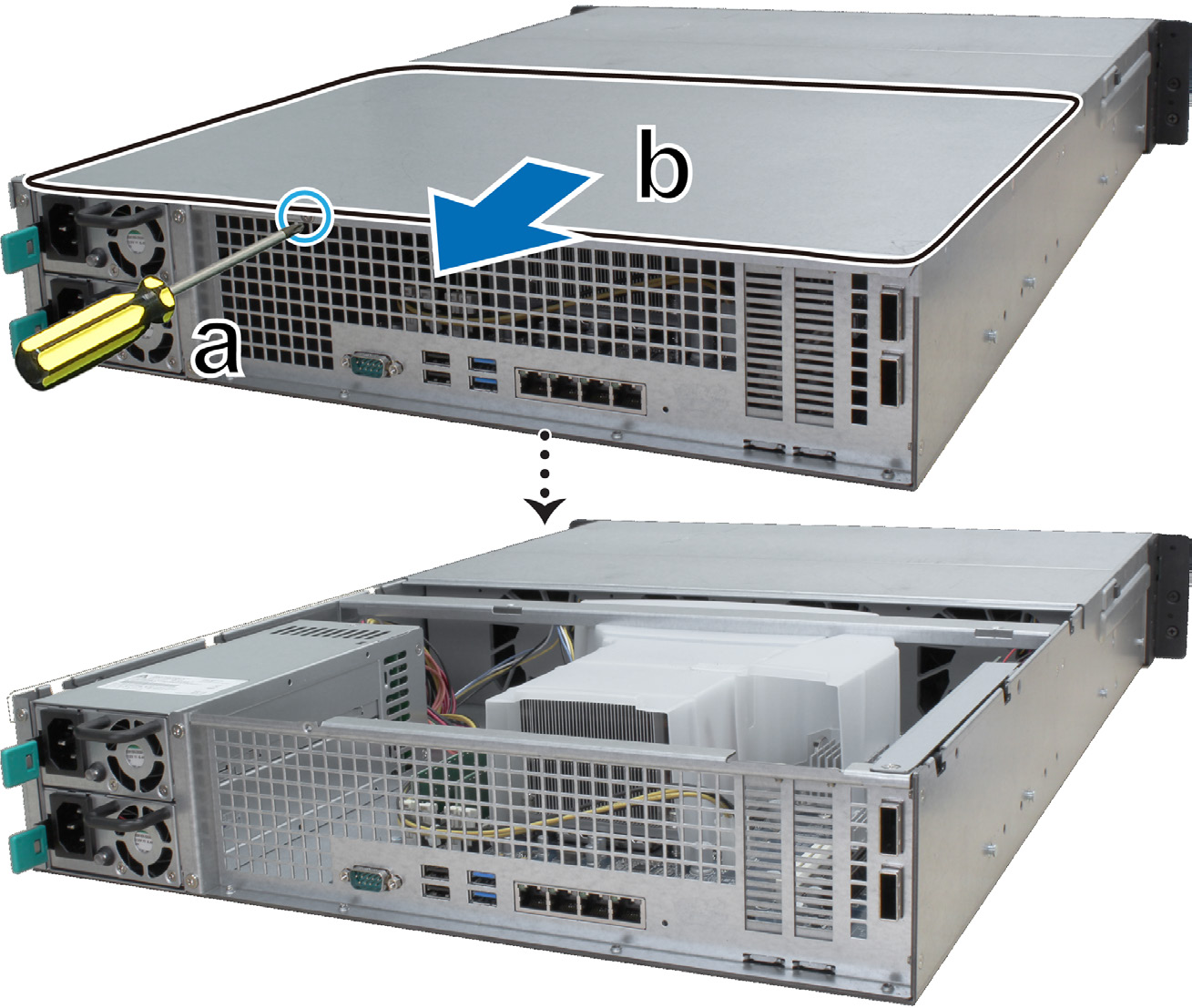 Legg en RAM-modul til RackStation Den valgfrie Synology RAM-modulen er konstruert for RackStation-minneutvidelse.