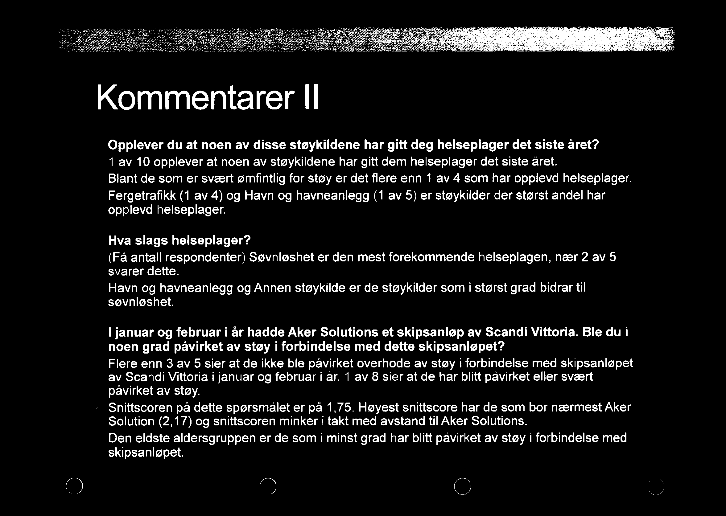 _ w Kommentarer ll Opplever du at noen av disse støykildene har gitt deg helseplager det siste året? - 1 av 10 opplever at noen av støykildene har gitt dem helseplager det siste året.