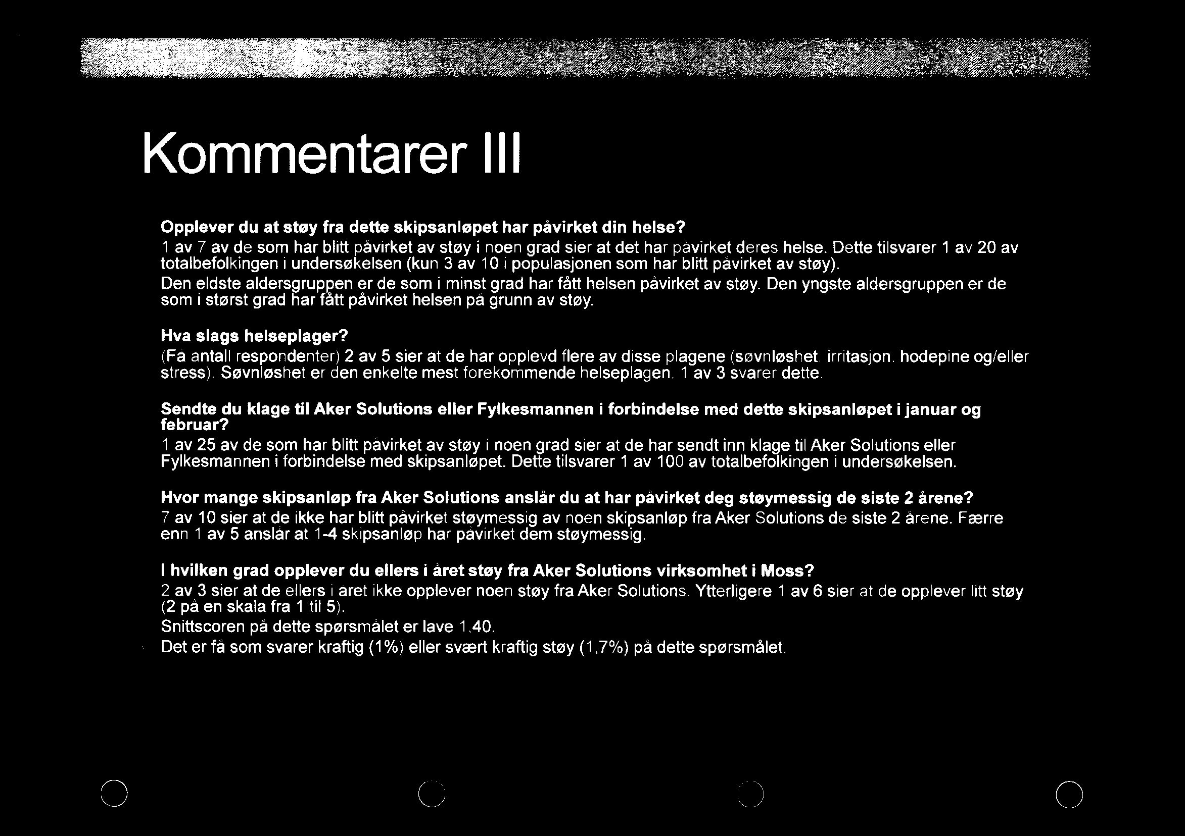 ' Kommentarer lll Opplever du at støy fra dette skipsanløpet har påvirket din helse? 1 av 7 av de som har blitt påvirket av støy i noen grad sier at det har påvirket deres helse.