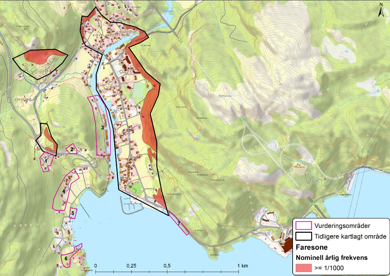 Side: 8 1 2 Figur 2 Utbredelsen av tidligere utarbeidet av NGI skredfaresoner i Feda, samt registrerte skredhendelser fra Skrednett.no 2.