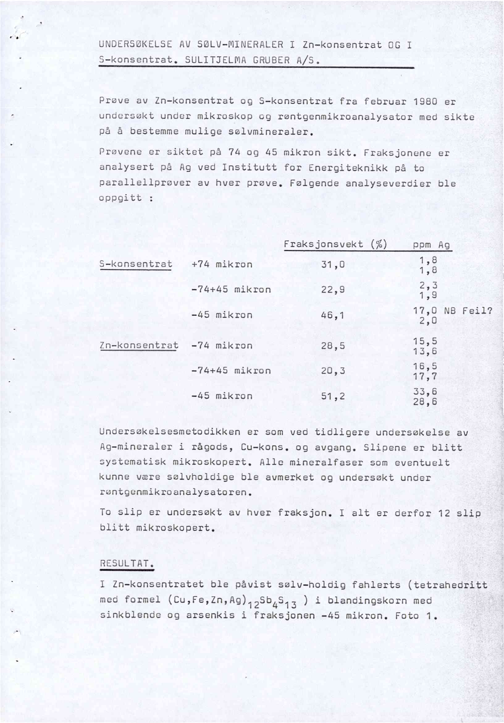 UNDERSØKELSE AV SØLV-MINERALER I Zn-konsentrat OG I S-konsentrat, SULITJELMA GRUBER A/S.
