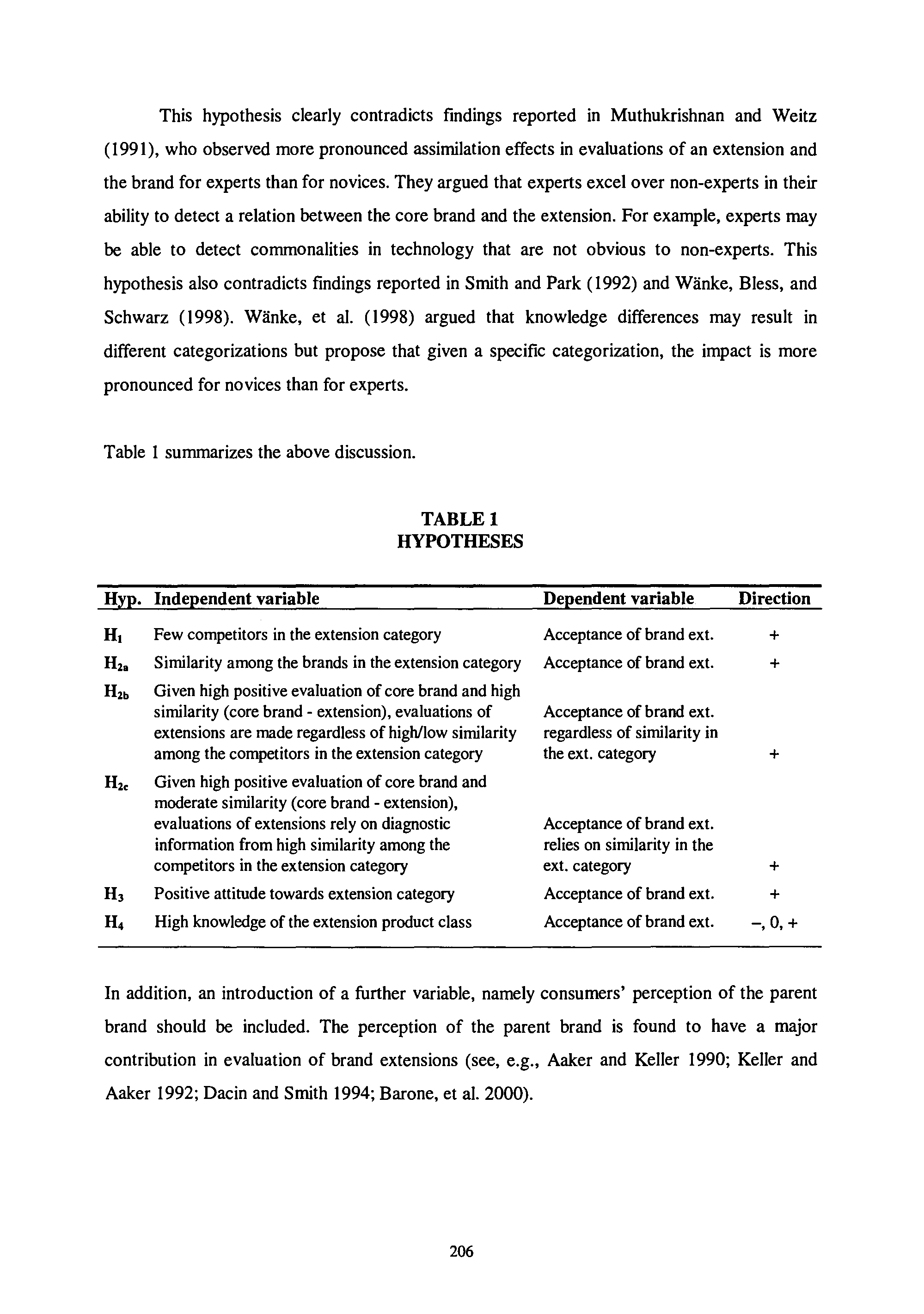 This hypothesis clearly contradicts findings reported in Muthukrishnan and Weitz (1991), who observed more pronounced assimilation effects in evaluations of an extension and the brand for experts