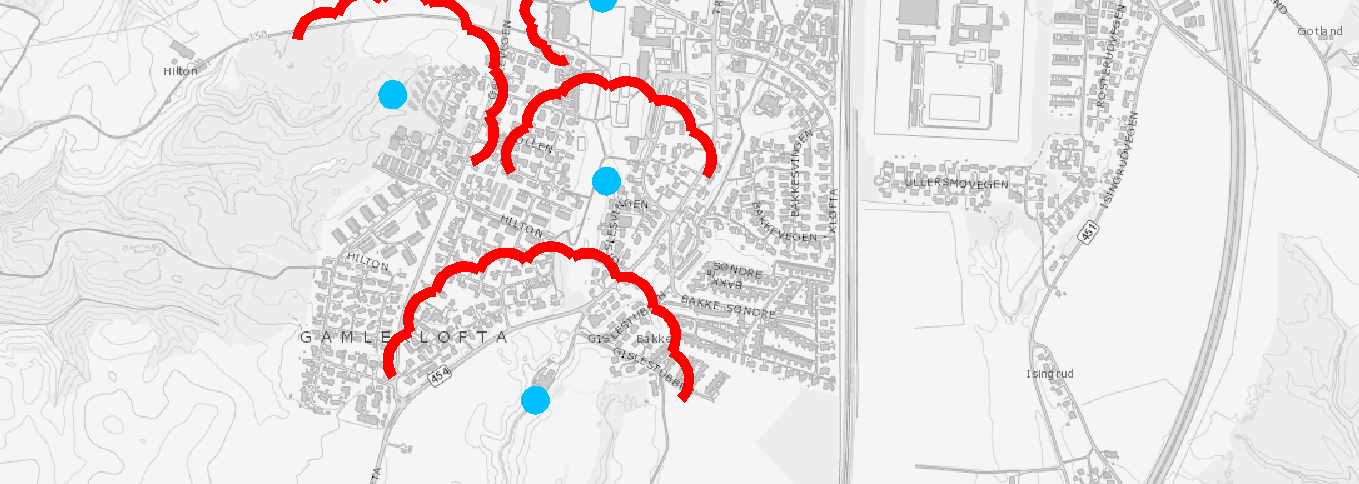 Skråningen ned mot Gislebekken og skråningene i den vestre delen av ravinedalen sør for planområdet kunne være potensielle løsneområder. Utløpsområder: Utløpsområder for evt.