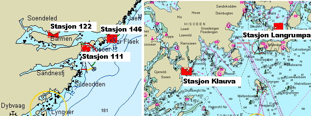 Figur 2: Detaljkart over stasjoner i Risørfjorden og Arendalsområdet.