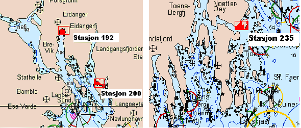 Materiale og metode Figur 3: Detaljkart over stasjoner i Eidangerfjorden, Langesund og Nøtterøy. Sjøkartutsnittene er hentet fra C-MAP (CM93). 2.