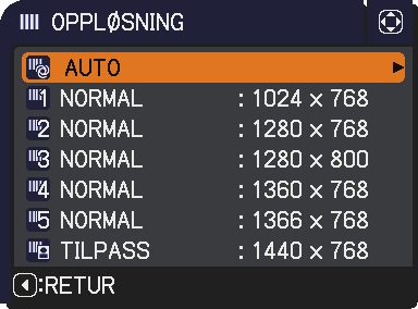 KILDE-meny Punkt OPPLØSNING Beskrivelse Oppløsningen for COMPUTER IN1 og COMPUTER IN2- kildesignaler kan innstilles på denne prosjektøren.