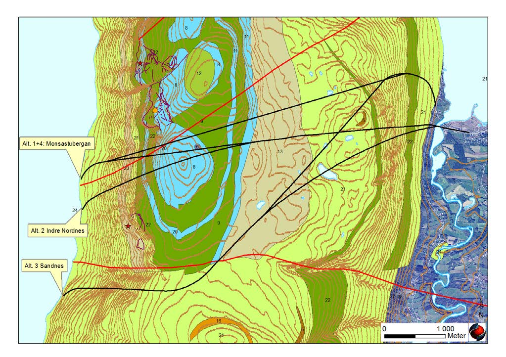 Figur 3. Utsnitt av Geologisk kart over det aktuelle området. De tre alternative tunneltraseene er markert. Referanse: Zwaan (1988, 2008).