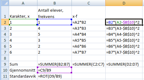 7.2 Standardavvik i frekvenstabeller Med en frekvenstabell, er det best å regne ut standardavviket selv. 1. Regn ut gjennomsnittet som beskrevet over. 2. La celle D2 være «=B2*(A2-B10) 2».