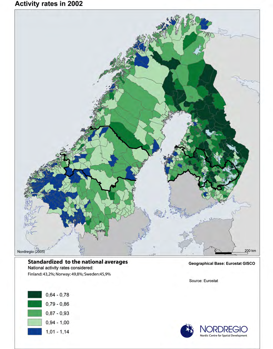 Deltagelse i arbeidslivet Kun over nasjonalt snitt: - langs kysten i Finland