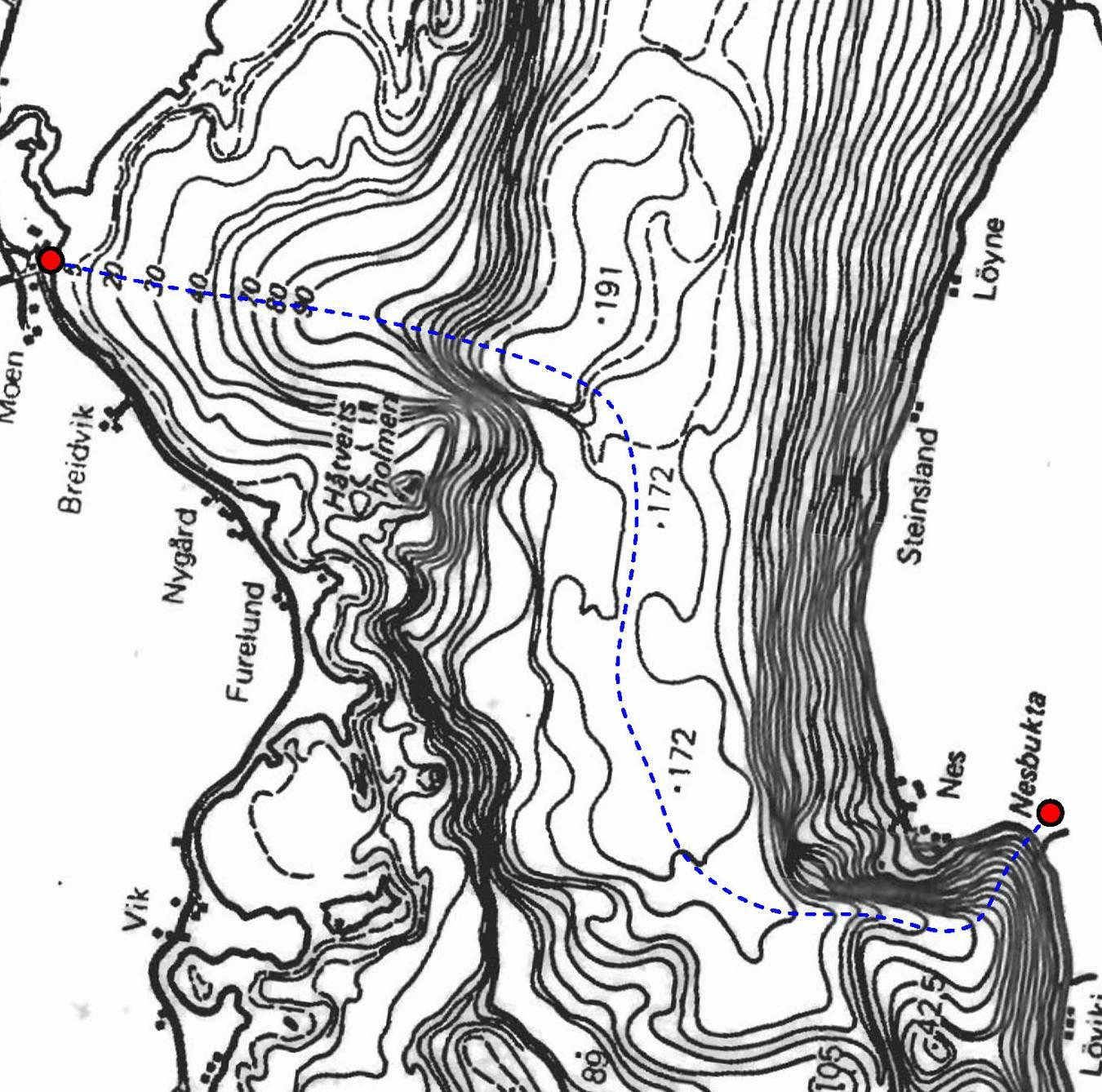 Figur 5. Mulig trase for 22 kv sjøkabel. Blå stiplet linje viser sjøkabeltrase. Rød sirkel indikerer landtak. 22 kv sjøkabel mellom landtakene bør minimum ha et tverrsnitt på 50 mm² Cu.