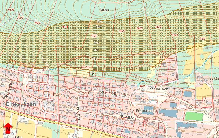 Utsnitt av aktsomhetskart fra Norconsult sin skredvurdering Det ble utført skredvurdering av Norconsult i 2014 for felta BK1-BK4, som en supplering til Geovest-Haugland AS sin vurdering som ble gjort