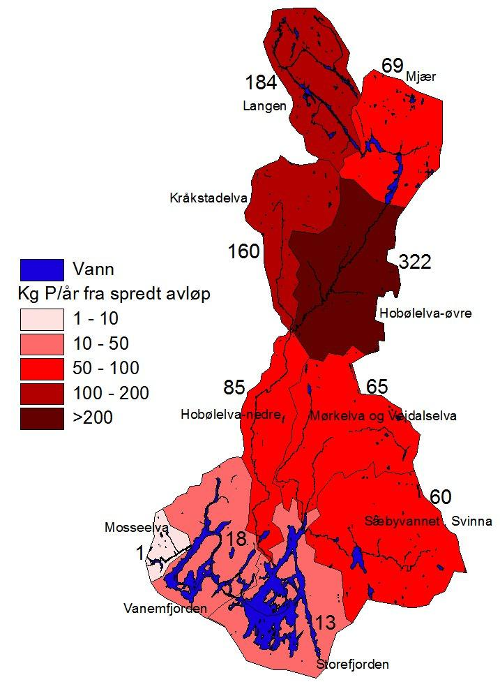 Figur 2. Utslipp av fosfor (kg/år) fra spredt avløp pr 31.12.