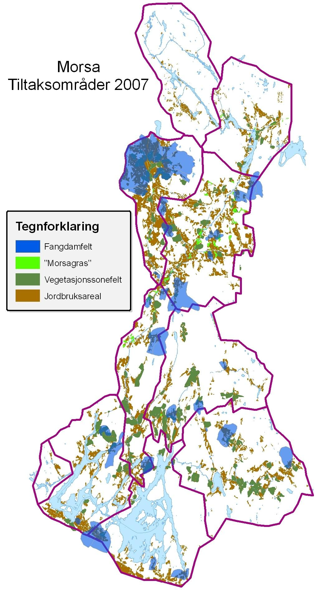 Figur 8 viser kart over nedbørfeltet Morsa, med nedbørsfeltgrense (tykk lilla linje) som ble definert i Tiltaksanalysen 2000 (Solheim et al.