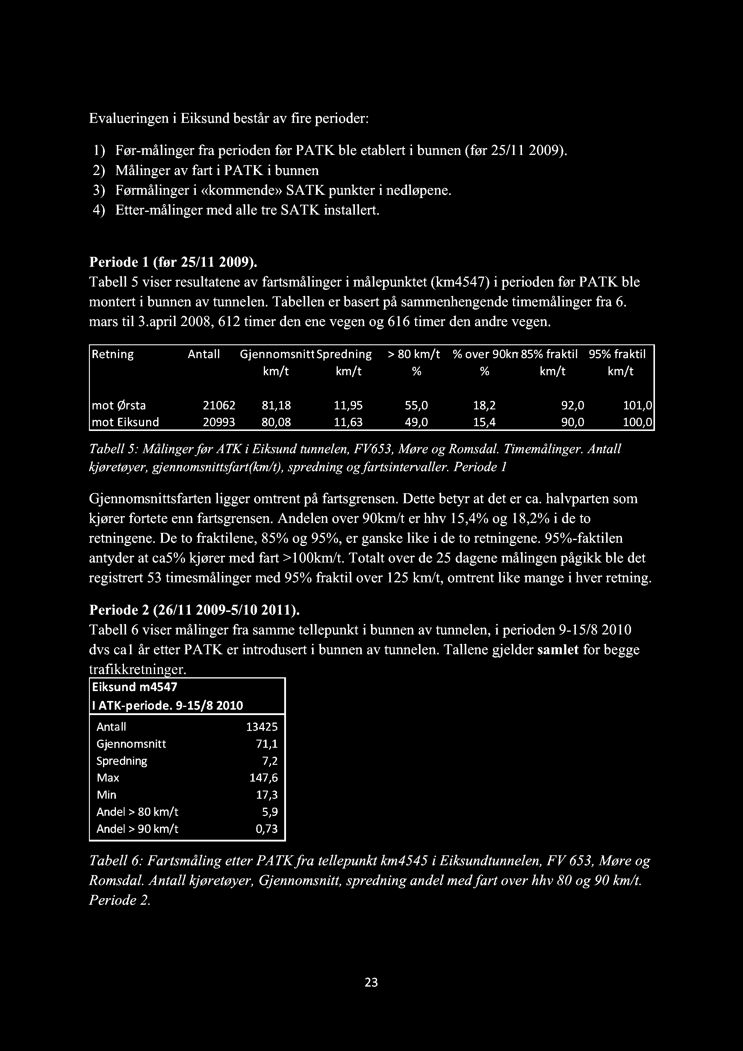 Tabell 5 viser resultatene av fartsmålinger i målepunktet (km454 7) i perioden før P ATK ble montert i bunnen av tunnelen. Tabellen er basert på sammenhengende timemålinger fra 6. mars til 3.