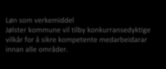 KONKURRANSE- DYKTIGE VILKÅR Løn som verkemiddel Jølster kommune vil tilby konkurransedyktige vilkår for å sikre kompetente medarbeidarar innan alle områder.