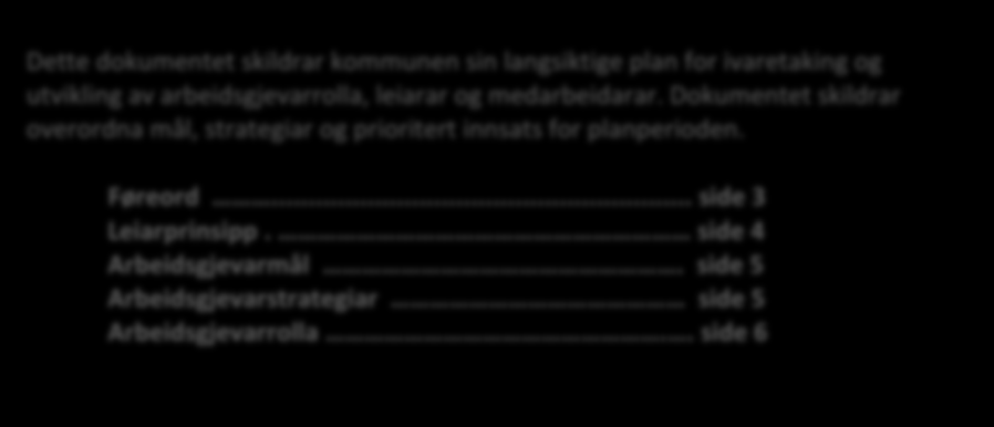 INNHALD ARBEIDSGJEVARSTRATEGI Dette dokumentet skildrar kommunen sin langsiktige plan for ivaretaking og utvikling av arbeidsgjevarrolla, leiarar og medarbeidarar.