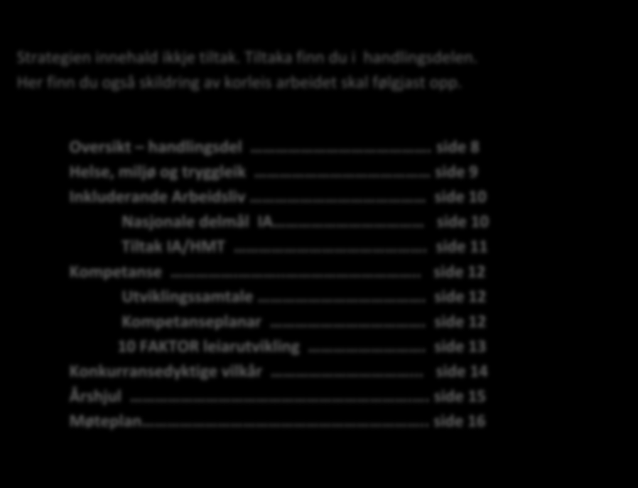 side 5 Arbeidsgjevarstrategiar side 5 Arbeidsgjevarrolla.. side 6 HANDLINGSDEL 2017 Strategien innehald ikkje tiltak. Tiltaka finn du i handlingsdelen.