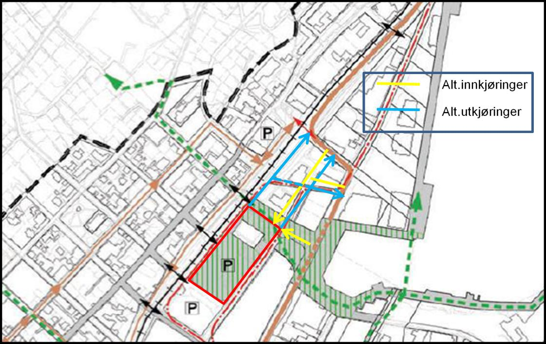 Figur 1 Viser noen alternative inn og utkjøringstraséer som løsningsforslag for ramper er tilpasset til. Bakgrunnen viser sentrumsplanens grøntstruktur og hovedveinett i området. 2.1.3 Andre nye P-anlegg Det er mulighet for at det blir etablert ytterligere parkeringskapasitet i kvartalene nord og øst for Tinghuset.