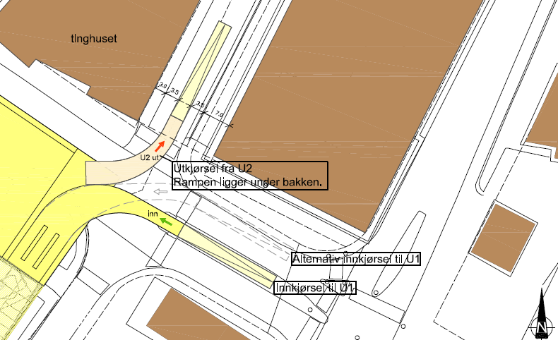 På skissen under har vi vist to alternative rampeplasseringene på Olav V s plass, den ene lagt i det som i dag er midtrabatt, og den andre langs nordsiden av dagens kjørebane.