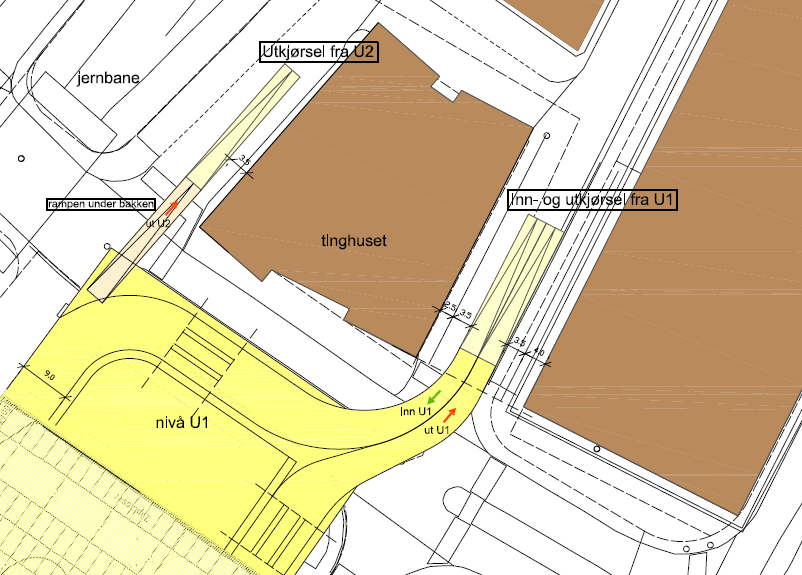 Slik U-sving, vil kunne etableres for personbiler og de fleste typer varebiler. Liten lastebil (tilsvarende renovasjonsbil) vil ikke kunne kjøre rundt rampen uten å benytte fortausarealene.