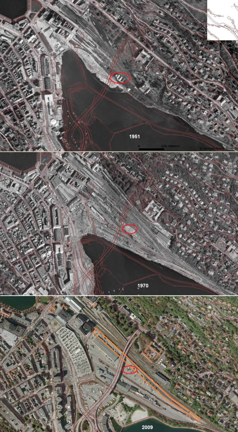 Dokumenttittel Miljøtekniske vurderinger - forurenset grunn Side: 8 av 15 Fotomontasjene under viser den omfattende utfyllingen som foregikk mellom 1951 og 1970 og frem til 2009.