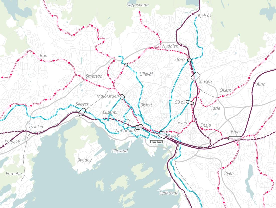 3.3 Dagens kollektivtransportnett i Oslo Figur 11 Dagens kollektivtransportnett i Oslo. Jernbane er vist med lilla, T-bane med rødt og trikk med blått.