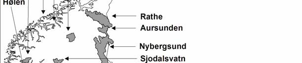 reguleringsinngrep. I figur 4.1 er det vist hvor disse nedbørfeltene ligger. For regulerte felt er dataene korrigert for virkningen av reguleringen. Figur 4.1. Oversikt over nedbørfelt med scenarier for endret avrenning som følge av klimaendringer.