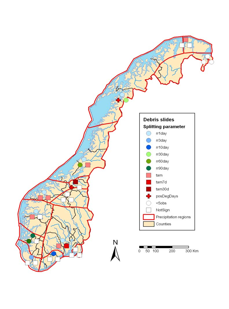 Figur 6.7. Viktigste meteorologiske utløsningselementer for jordskred i hver nedbørregion.