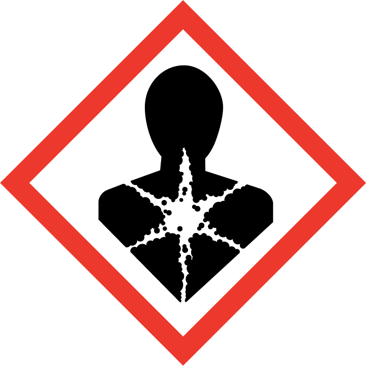 hudreaksjon H331 - Giftig ved innånding H372 - Forårsaker organskader ved langvarig eller gjentatt eksponering : P260 - Ikke innånd støv/røyk/gass/tåke/damp/aerosoler P264 - Vask hendene og ethvert