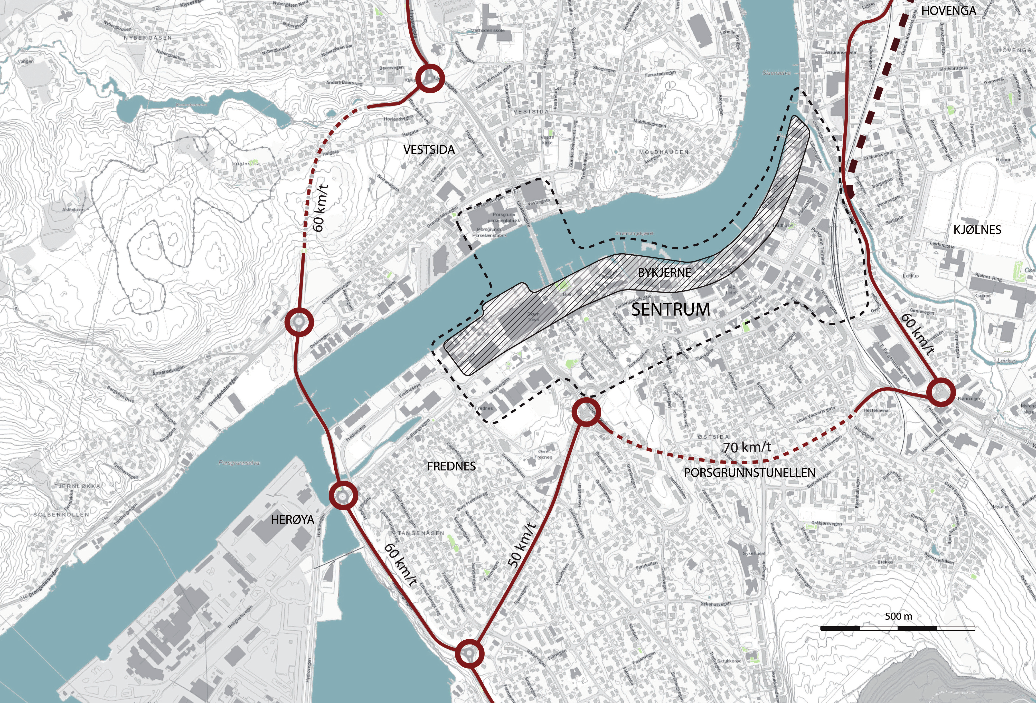 Signatur kart Ringvei Ringvei tunnel Fremtidig veitrasé Trafikalt knutepunkt Sentrum Bykjerne Kart som viser