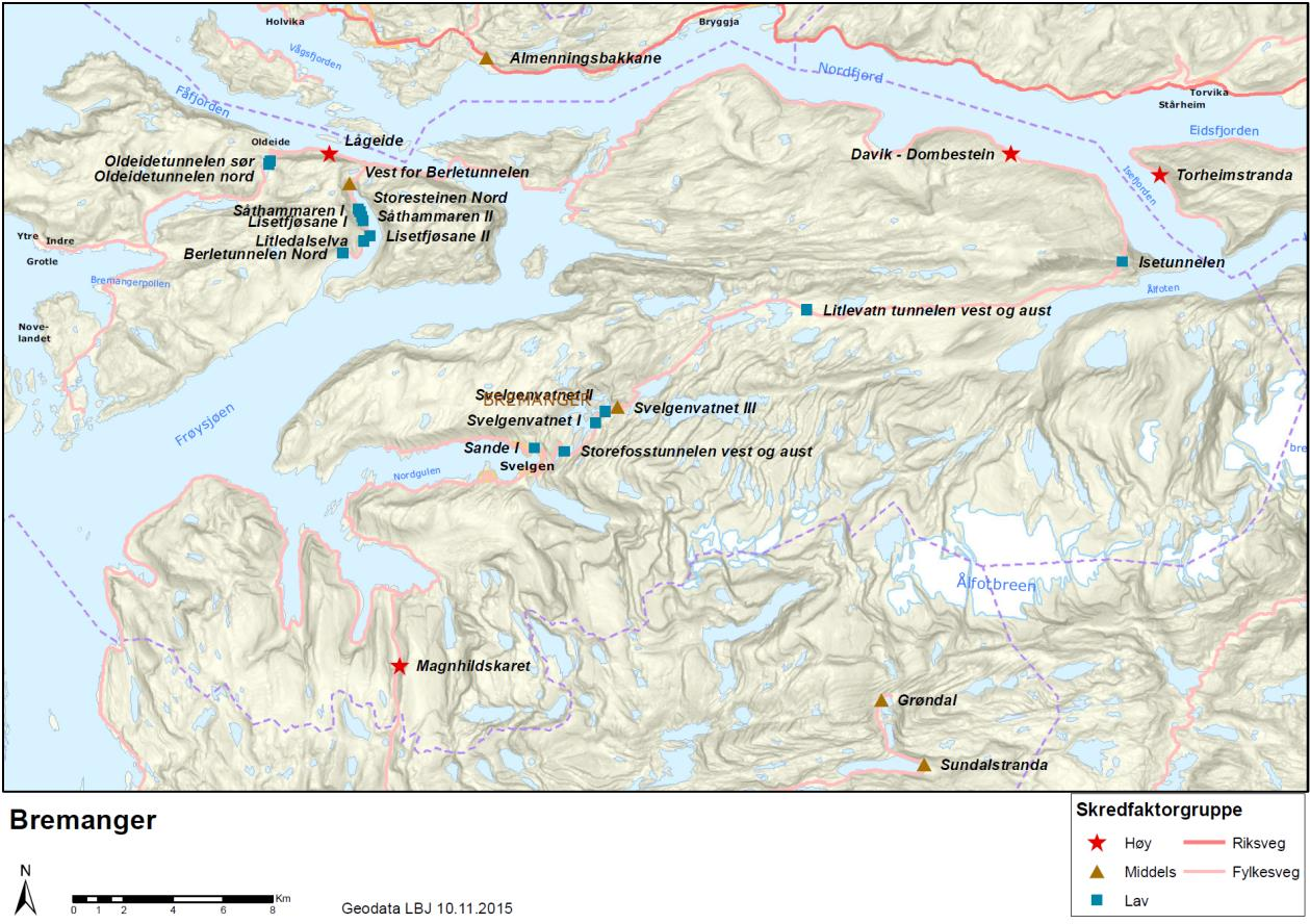 Figur 8: Kart med skredpunkt i Bremanger. Statens vegvesen, Region vest «Skredsikringsbehov for riks og fylkesvegar». Navn Skredfaktor Skredfaktorgruppe Planlagt tiltak Aust for Nordalstunnelen 2.