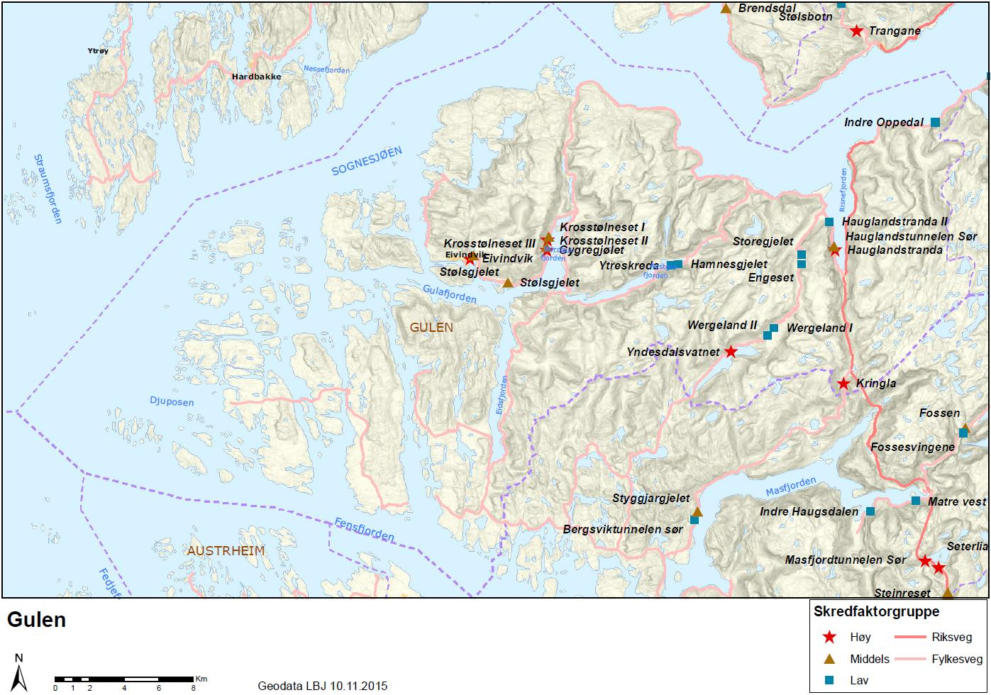 3 VURDERINGAR AV SKREDFARE OG EIGNA TUNNELPÅHOGG 3.1 Delstrekning 1 Sløvåg-Rutledal Delstrekning 1 følgjer i hovudsak fv. 57 frå Sløvåg til Rutledal i Gulen kommune.