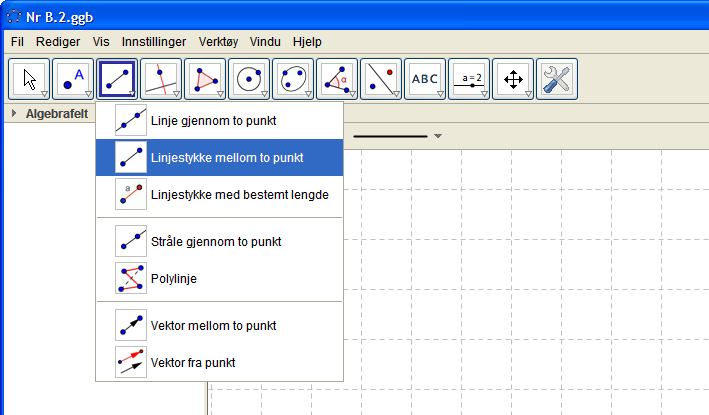 NIVÅ B B.2: Kunne trekke et linjestykke mellom to punkter. Eksempel-oppgave: Merk av punktene A: (-1,3) og B: (2,3). Tegn linjestykket mellom disse punktene.