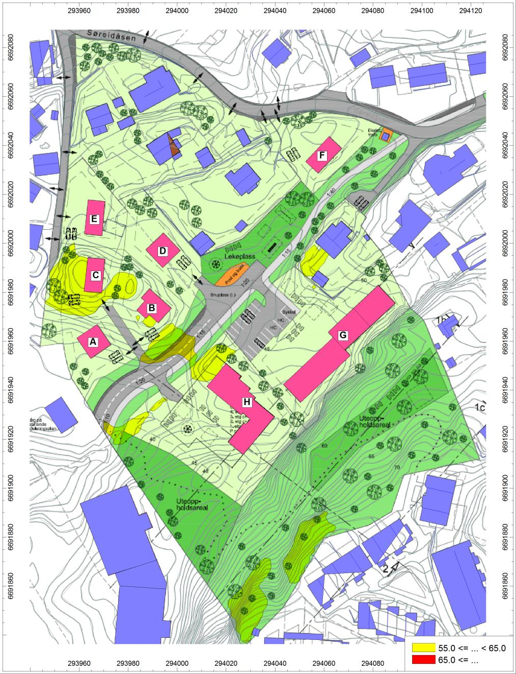 5 UTREKNA STØY Støynivå ved felles uteareal er vist i figur 3. Alt det skisserte felles utearealet får tilfredsstillande støynivå (L den = 55 db eller lågare).