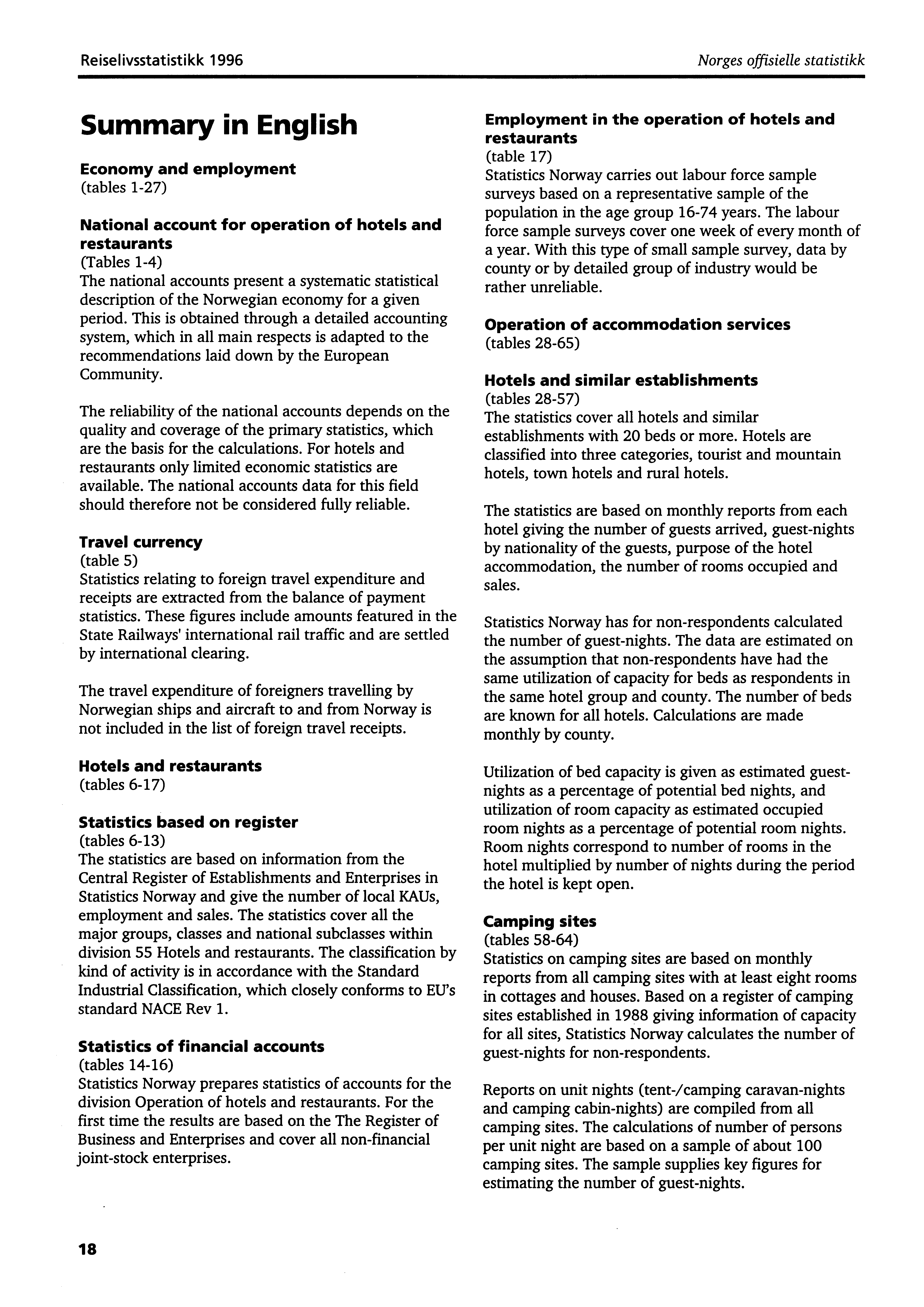 Reiselivsstatistikk 1996 Norges offisielle statistikk Summary in English Economy and employment (tables 1-27) National account for operation of hotels and restaurants (Tables 1-4) The national