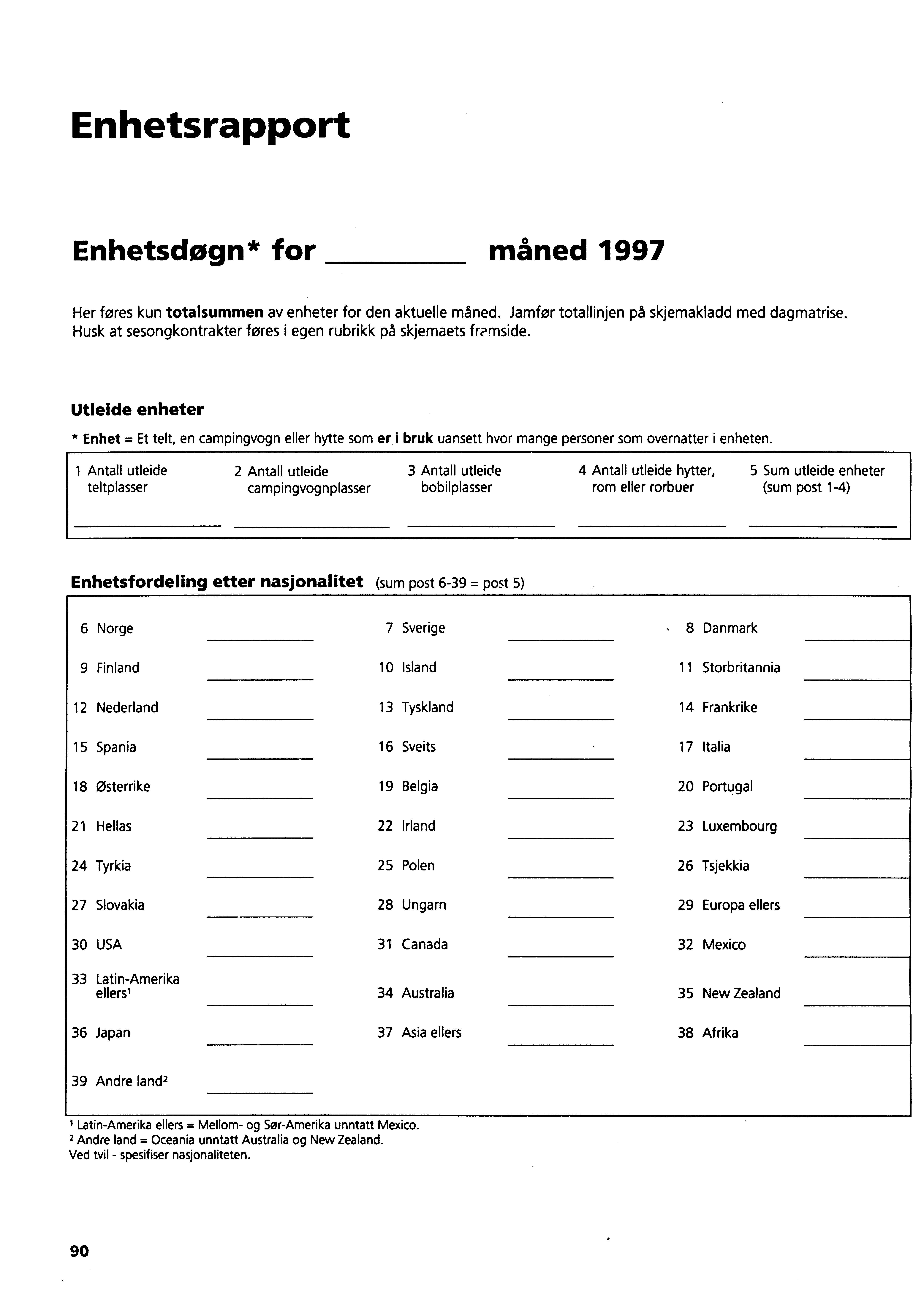 Enhetsrapport Enhetsdøgn* for måned 1997 Her for-es kun totalsummen av enheter for den aktuelle maned. Jamfør totallinjen på skjemakladd med dagmatrise.