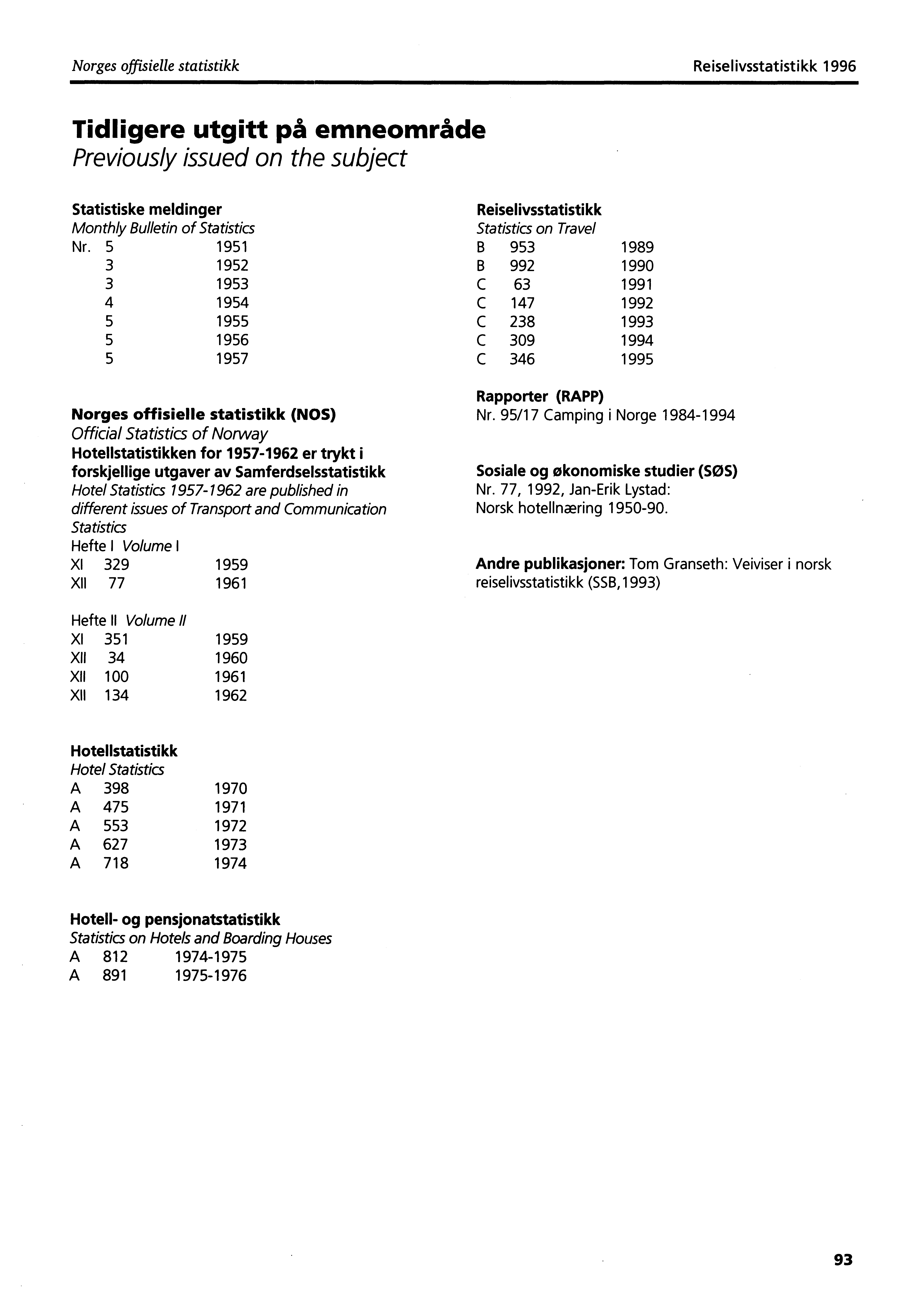 Norges offisielle statistikk Reiselivsstatistikk 1996 Tidligere utgitt på emneområde Previously issued on the subject Statistiske meldinger Monthly Bulletin of Statistics Nr.