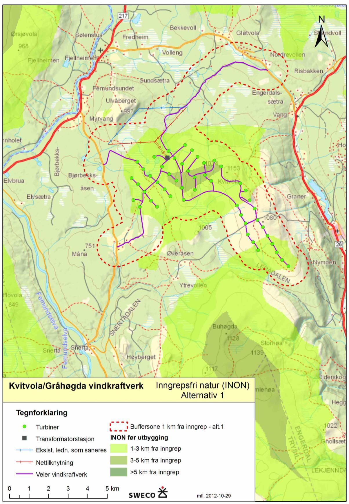 Figur 10-1 Oversikt over inngrepsfri natur (INON) i området som blir berørt av Kvitvola/Gråhøgda