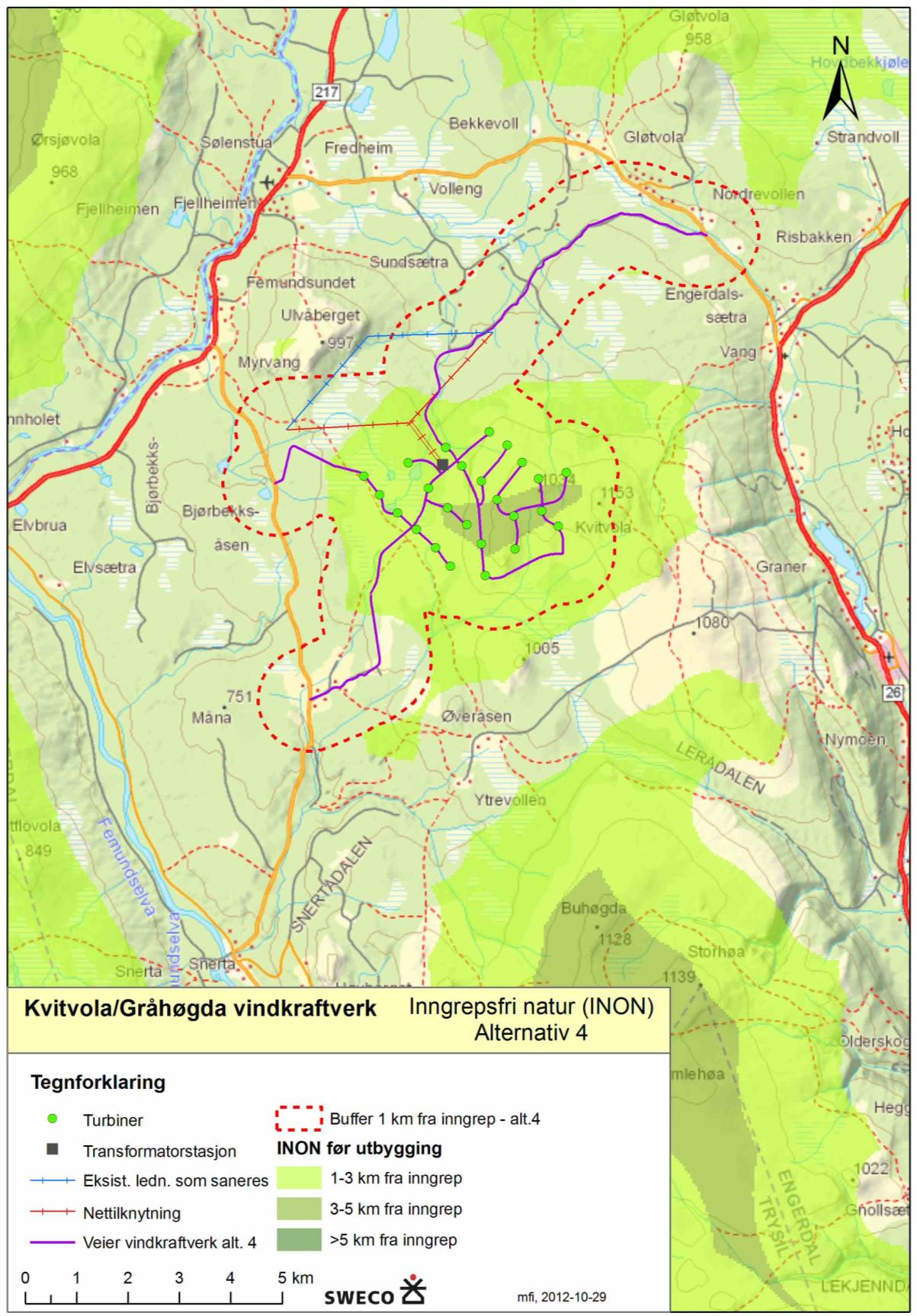 Figur 10-2 Oversikt over inngrepsfri natur (INON) i området som blir berørt av Kvitvola/Gråhøgda
