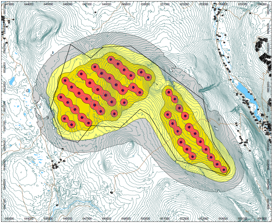 Figur 11-2. Støysonekart, beregningshøyde 4 m. Gule og rød områder har lydnivå over grenseverdi L den 45 db.